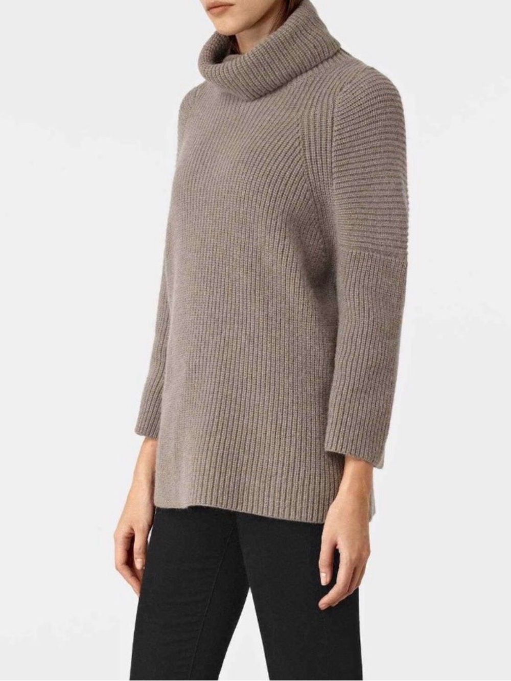 AllSaints Jago Roll Neck Jumper Sweater Taupe Sz Small oversized wool 3/4 sleeve
